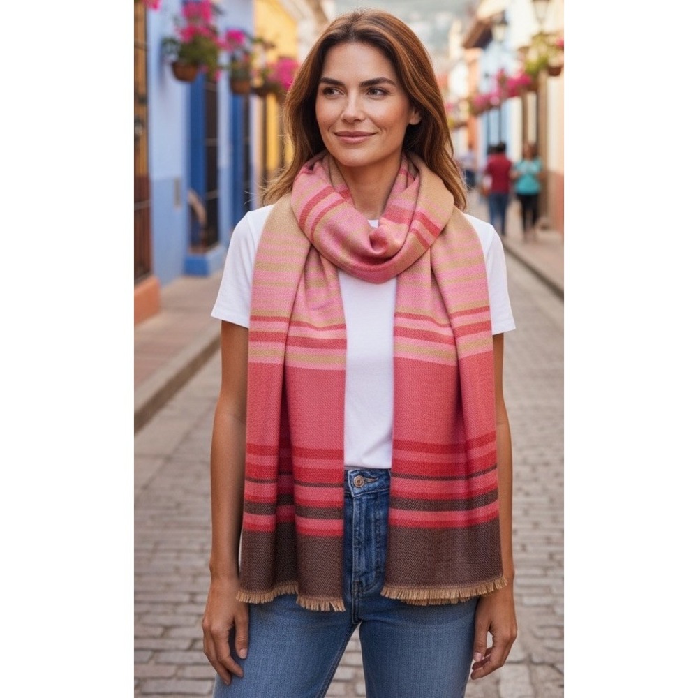 Land's End Women's Oblong Scarf Stripe Red Pink Tan Knit Classic 15 X 70 NWT